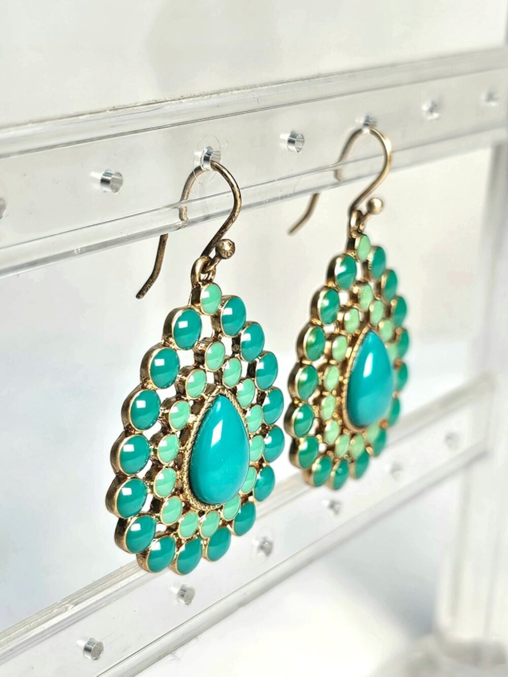 Turquoise Enamel Cabochon Drop Earrings Gold Tone Medallion Boho Statement - Picture 2 of 5